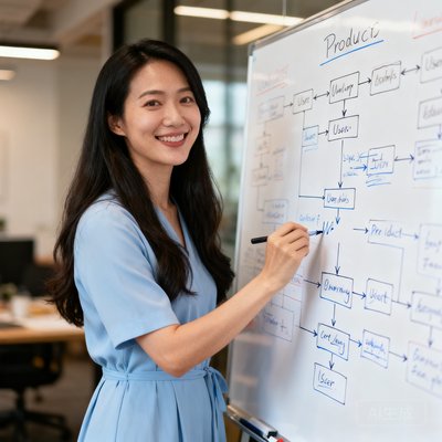 6686体育高级产品经理苏婉清，一位笑容温暖的32岁女性，长发披肩，身着浅蓝色连衣裙，正在白板前绘制产品原型图，白板上满是用户流程图。
