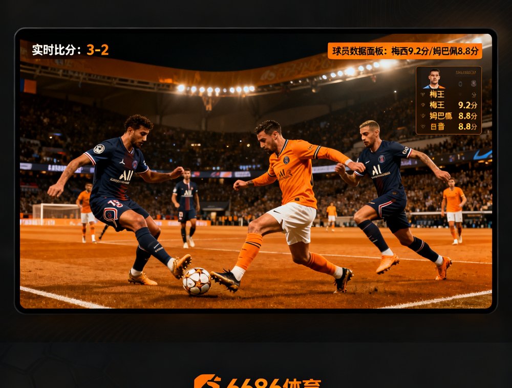 6686体育高清直播界面截图，展示一场足球比赛的实时画面，画面中球员正在激烈拼抢，屏幕角落显示实时比分与球员数据面板，整体UI采用深色主题搭配橙金色调。